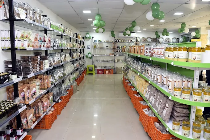 Wide aisle inside the Farm to Family Organic Rajkot store